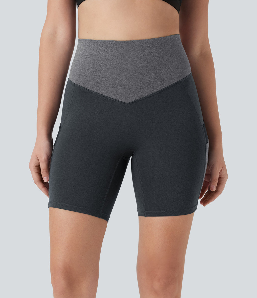 High Waisted Color Block Contrast Mesh Quick Dry Yoga Biker Shorts 7'' with Pockets