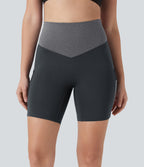 High Waisted Color Block Contrast Mesh Quick Dry Yoga Biker Shorts 7'' with Pockets