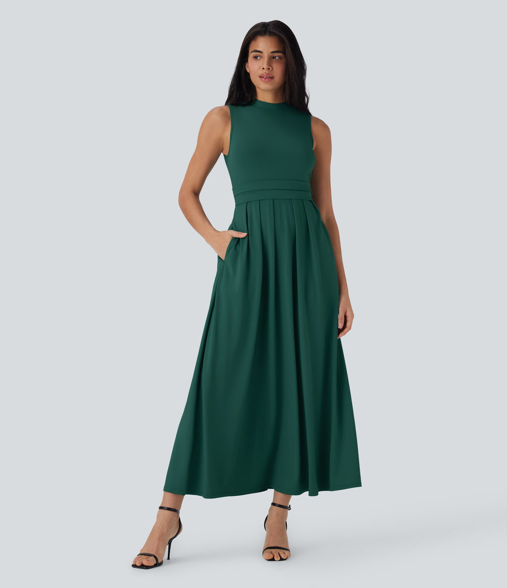 Stand Collar Sleeveless Flare Maxi Casual Dress with Pockets