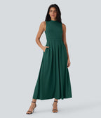 Stand Collar Sleeveless Flare Maxi Casual Dress with Pockets