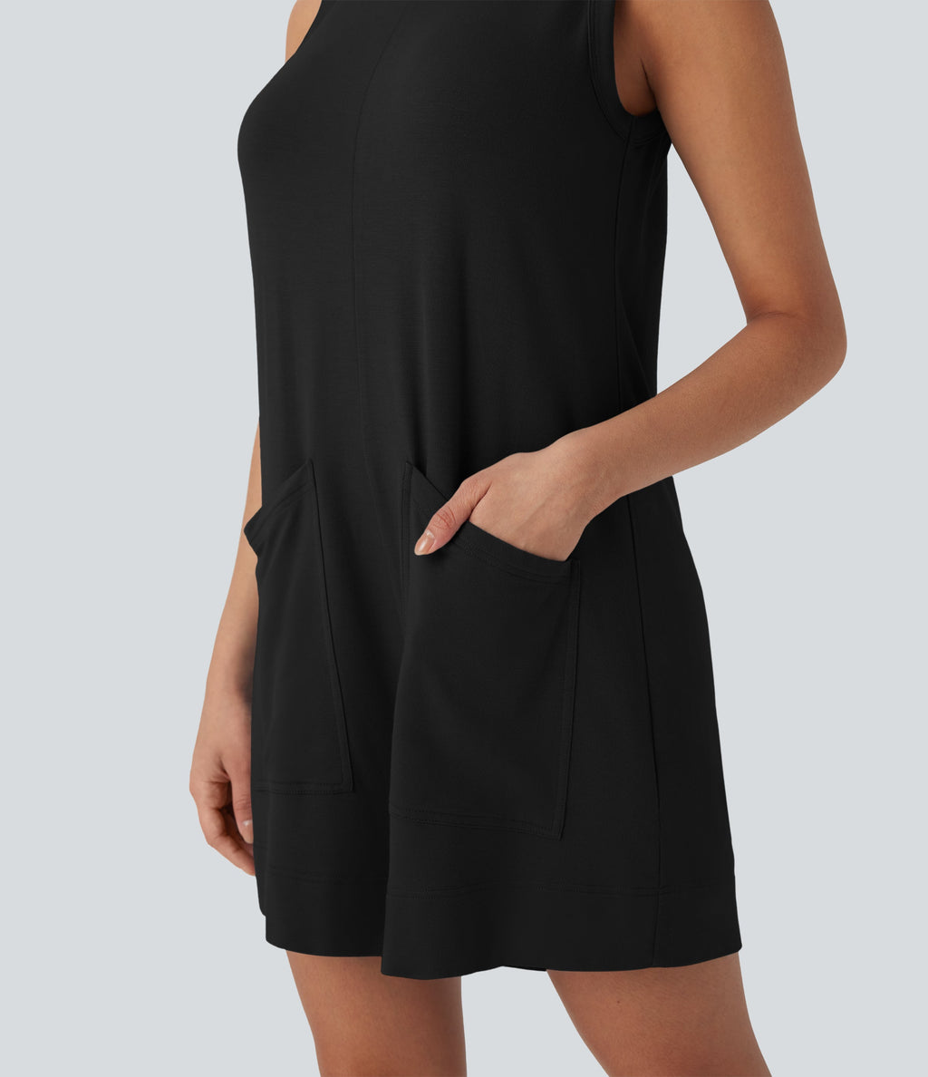 Round Neck Sleeveless Casual Jumpsuit with Pockets