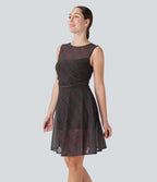 Sleeveless Plaid Contrast Mesh 2-in-1 Mini Casual Dress with Pocket