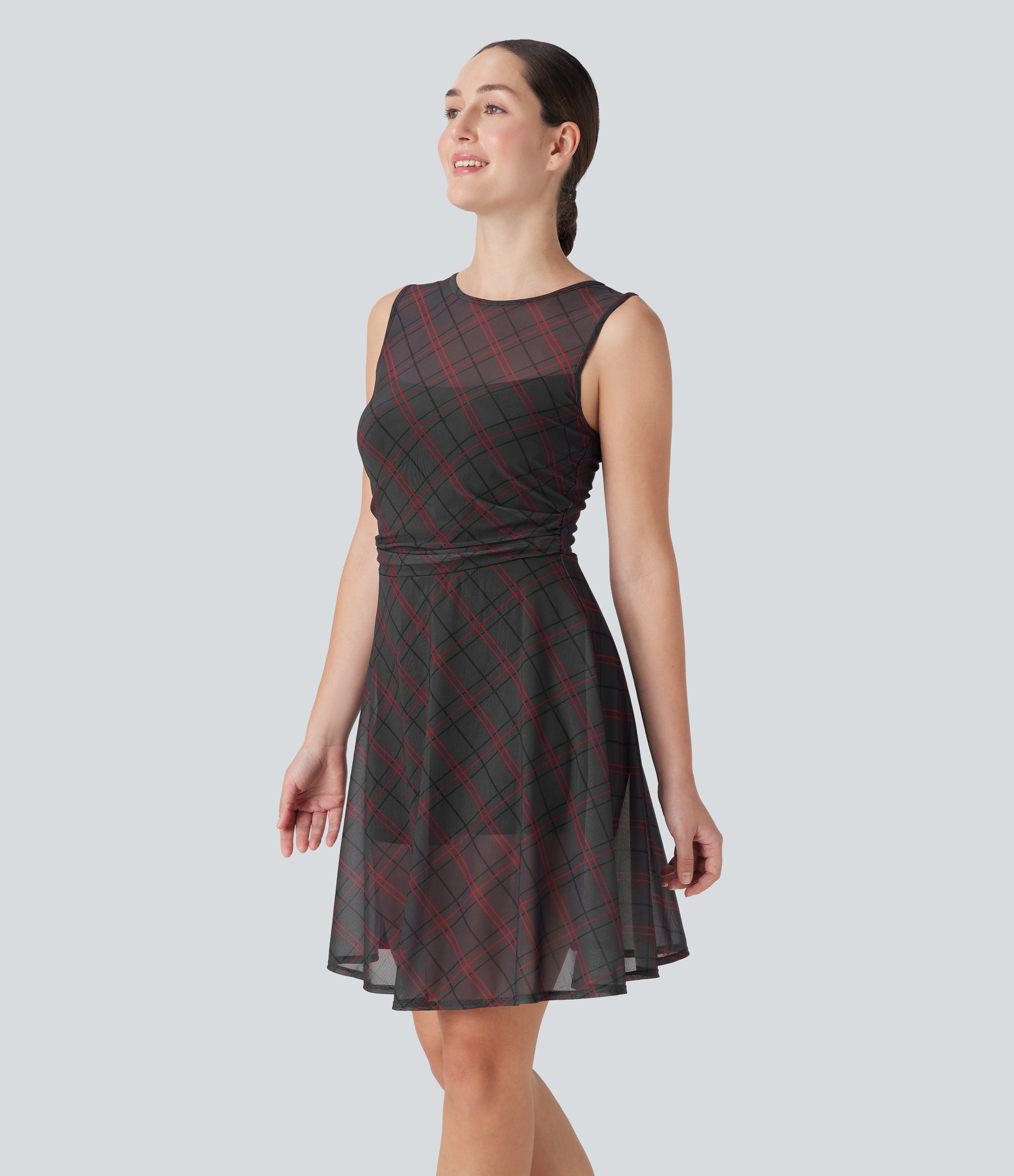 Sleeveless Plaid Contrast Mesh 2-in-1 Mini Casual Dress with Pocket
