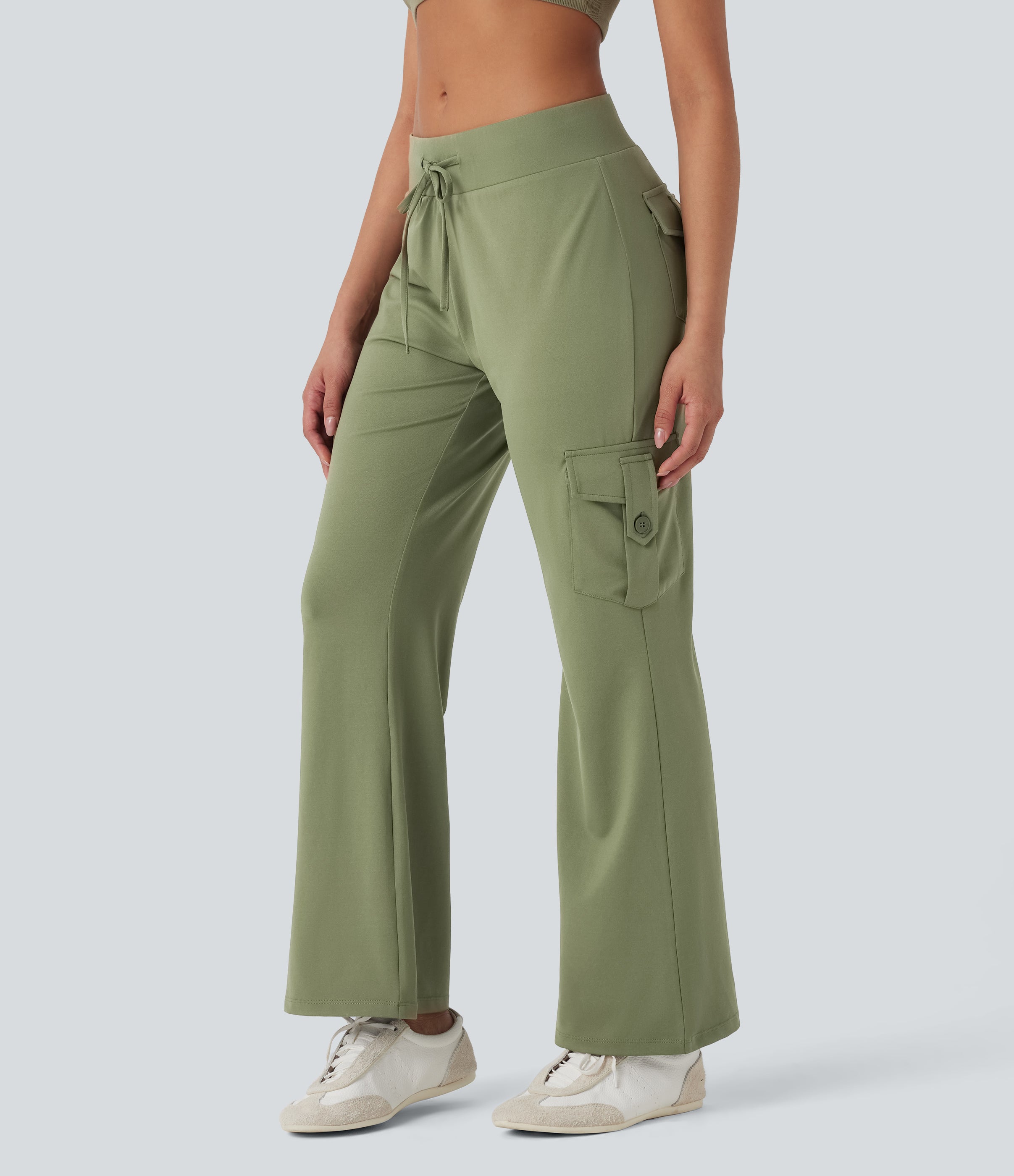 Low Rise Drawstring Casual Bootcut Cargo Pants with Pockets