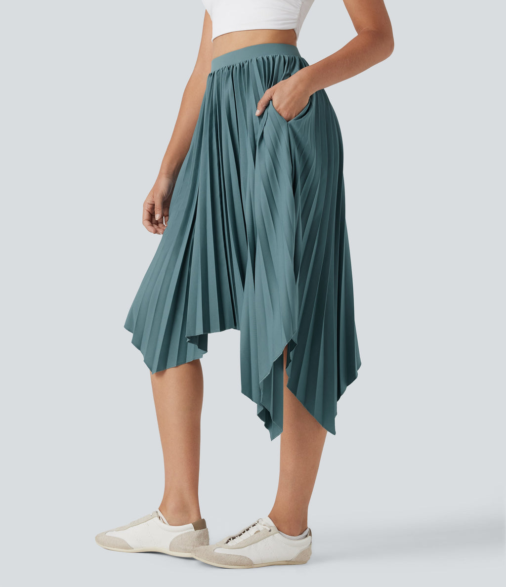 High Waisted Pleated Asymmetrical Hem Casual Skirt with Pockets