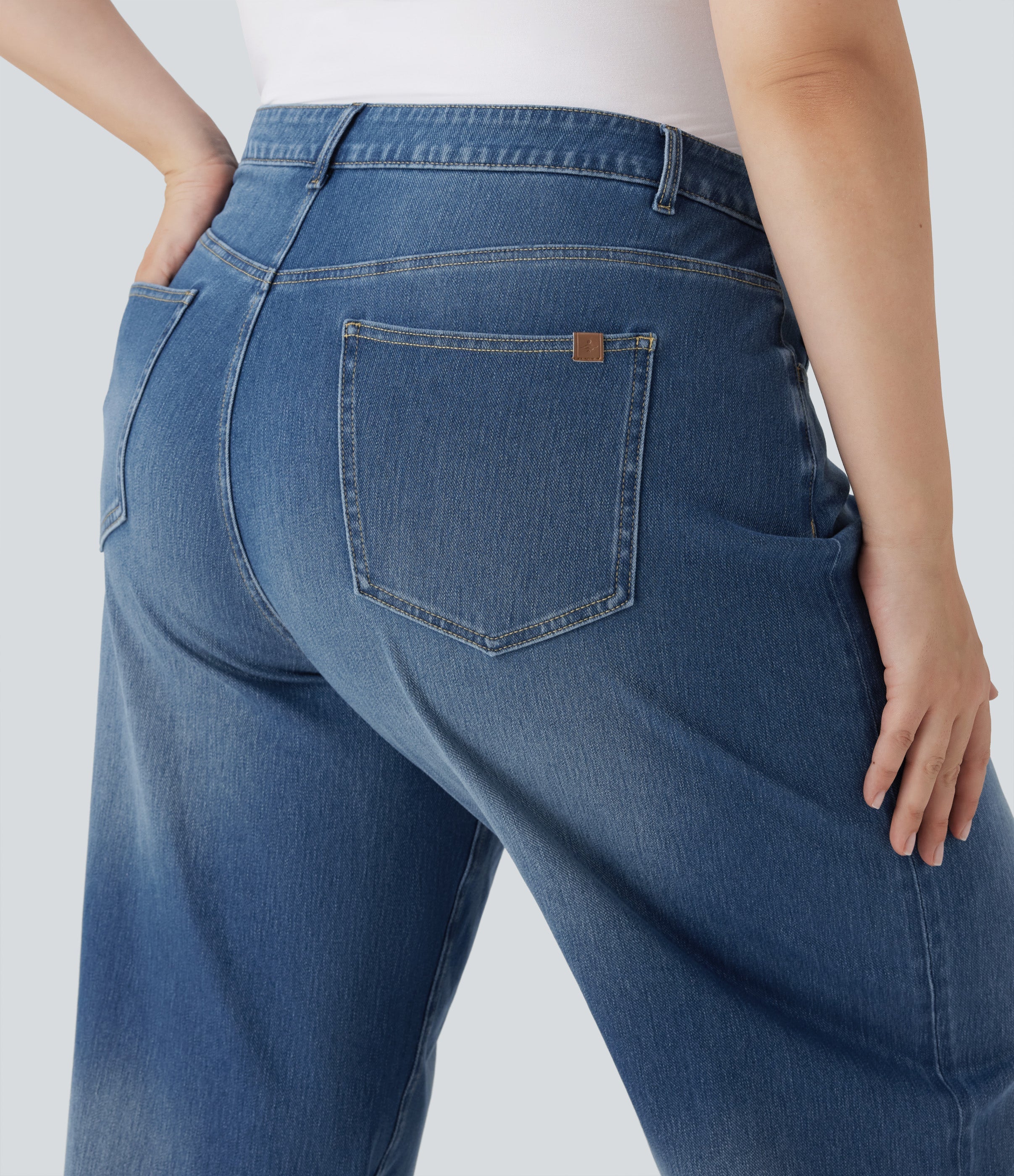 Plus Size FlexTM High Waisted Wide Leg Rolled Hem Washed Stretchy Knit Casual Jeans with Pockets