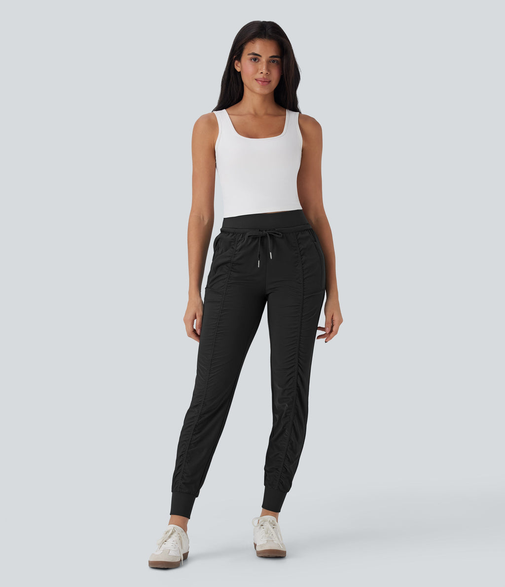 High Waisted Drawstring Tapered Travel Joggers with Side Zip Pockets