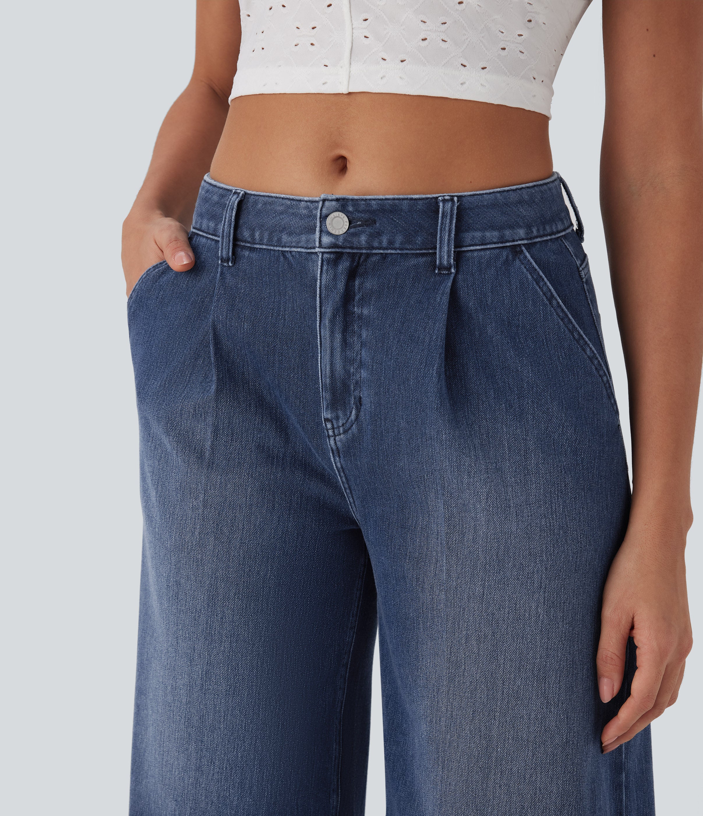 FlexTM Mid Rise Capri Wide Leg Washed Casual Jeans with Pockets