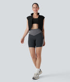 High Waisted Color Block Contrast Mesh Quick Dry Yoga Biker Shorts 7'' with Pockets