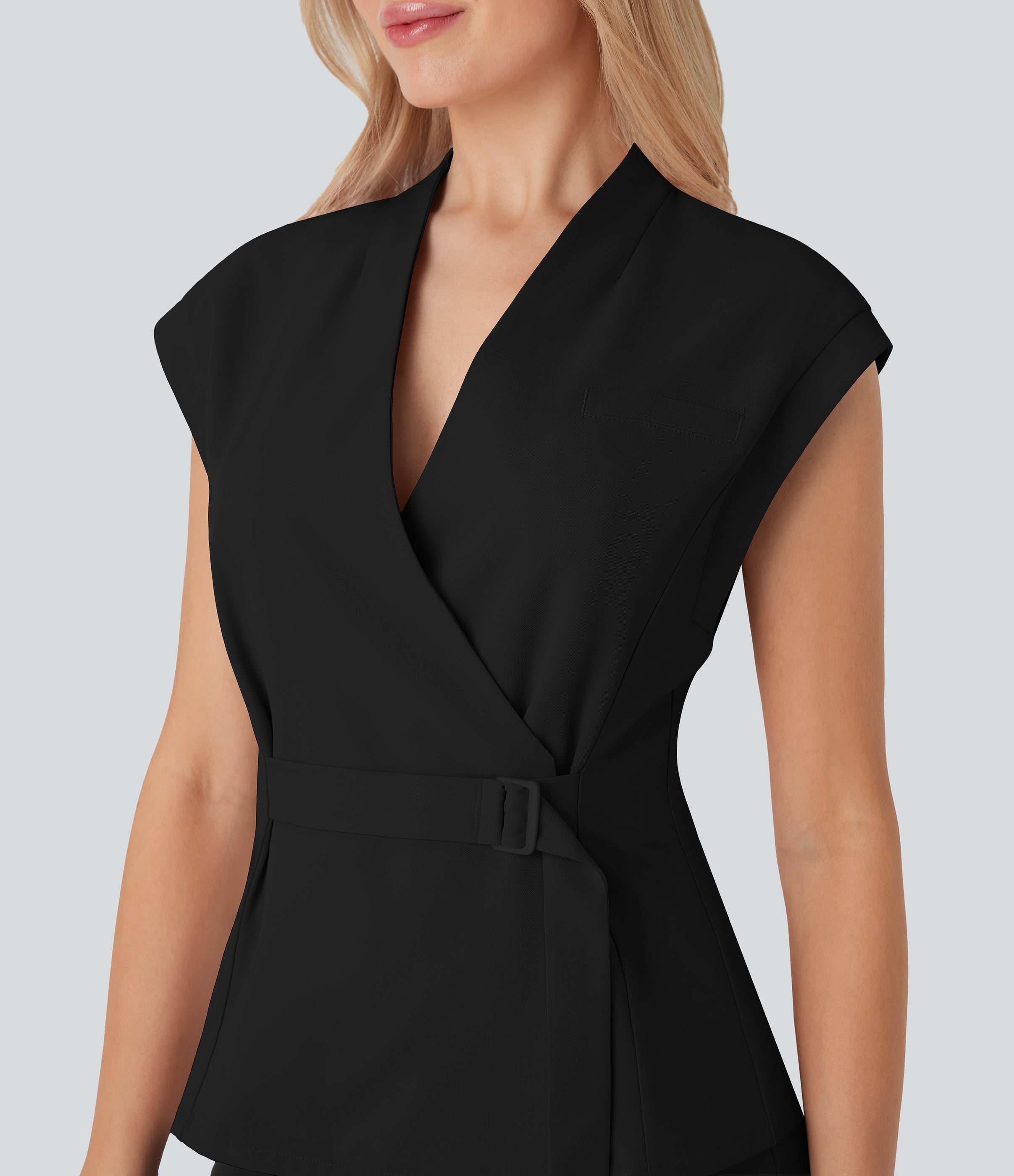 V Neck Sleeveless Wrapped Belted Work Jacket