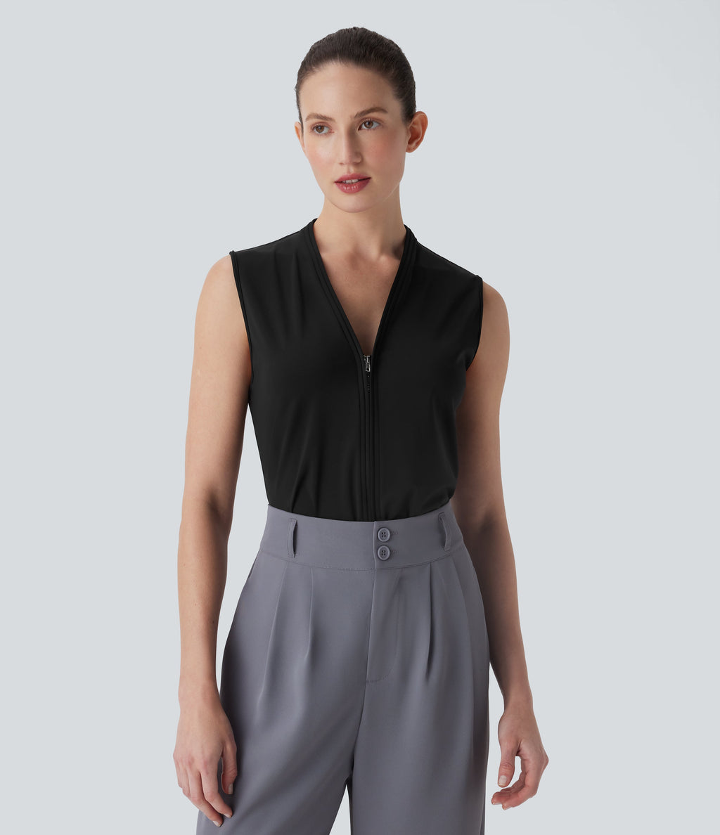 SoftlyZeroTM Airy V Neck Zipper Sleeveless Cool Touch Work Blouse-UPF50+