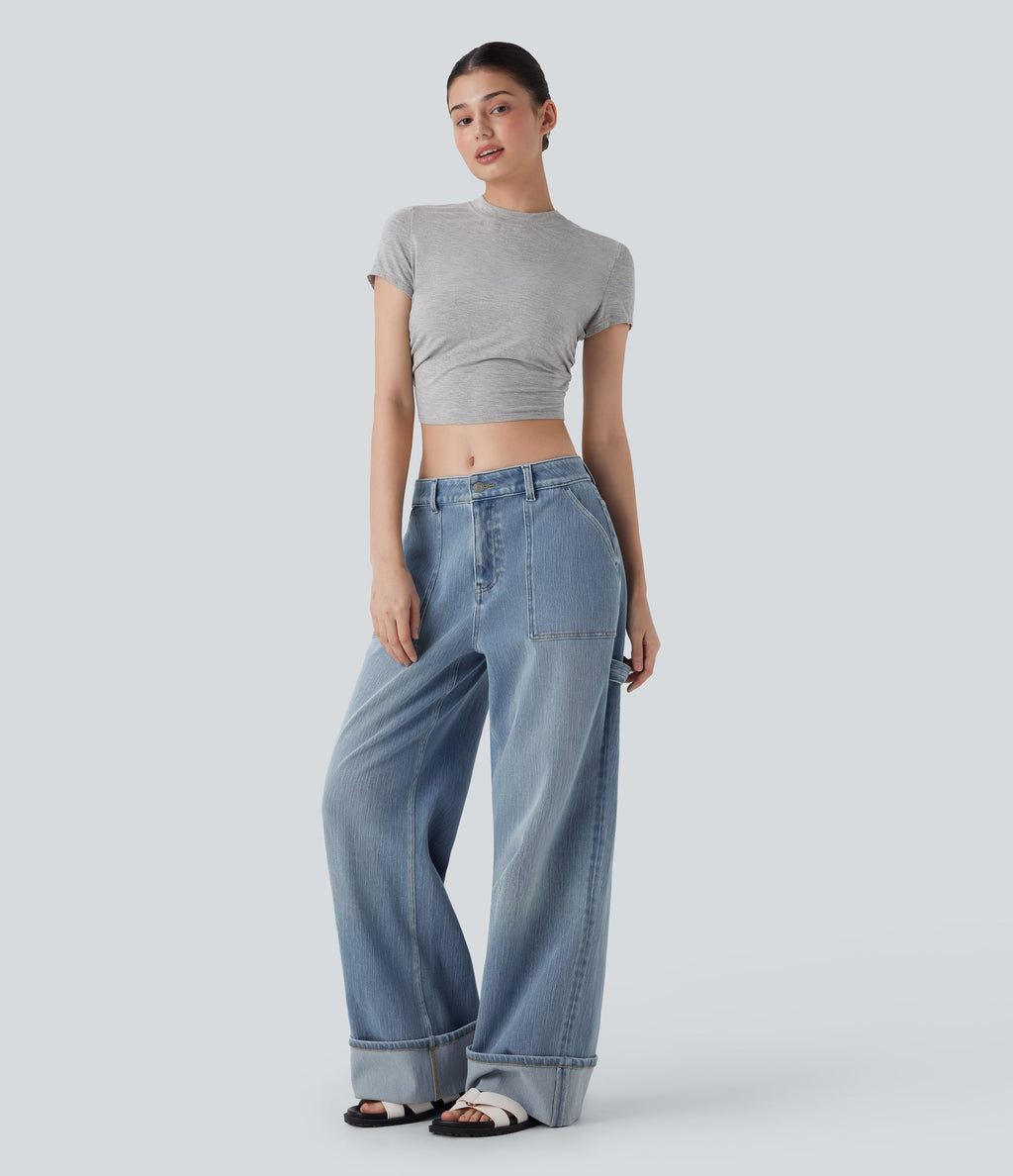 FlexTM Low Rise Rolled Hem Washed Casual Baggy Jeans with Pockets