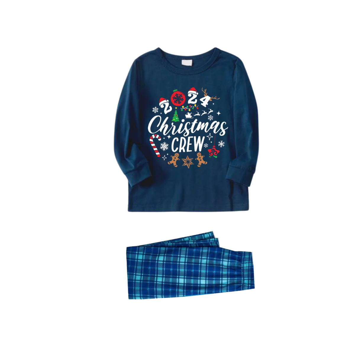 2025 Christmas Crew Making Memories Together Text Print Blue Long Sleeve Top With Blue Plaid Family Matching Pajamas