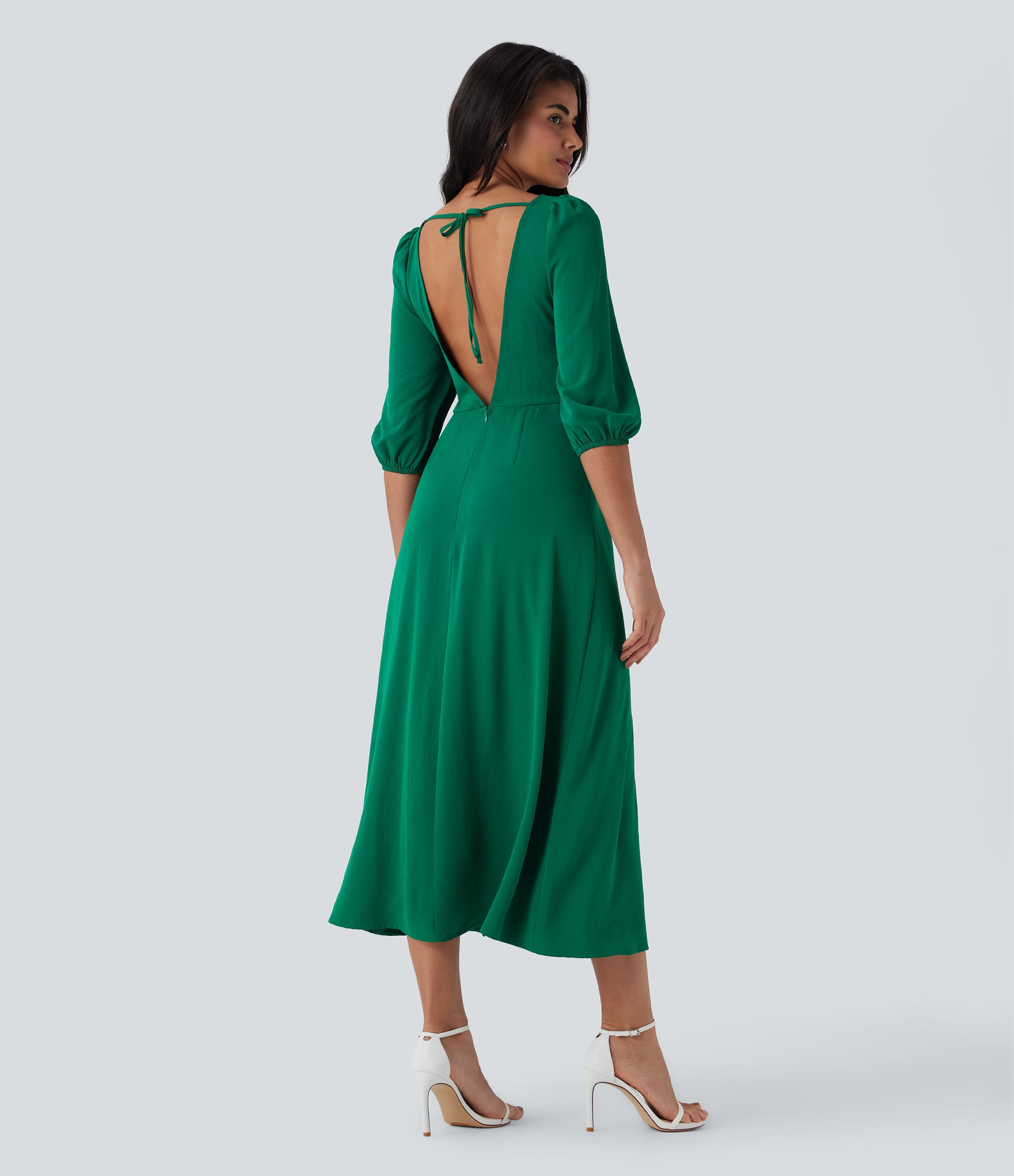 Tie Back Zipper Puff Sleeve Dress