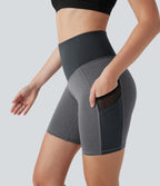 High Waisted Color Block Contrast Mesh Quick Dry Yoga Biker Shorts 7'' with Pockets