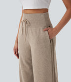 2026🔥 Ribbed SoCinched High Waisted Tummy Control Drawstring Wide Leg Color Block Casual Trousers with Pockets
