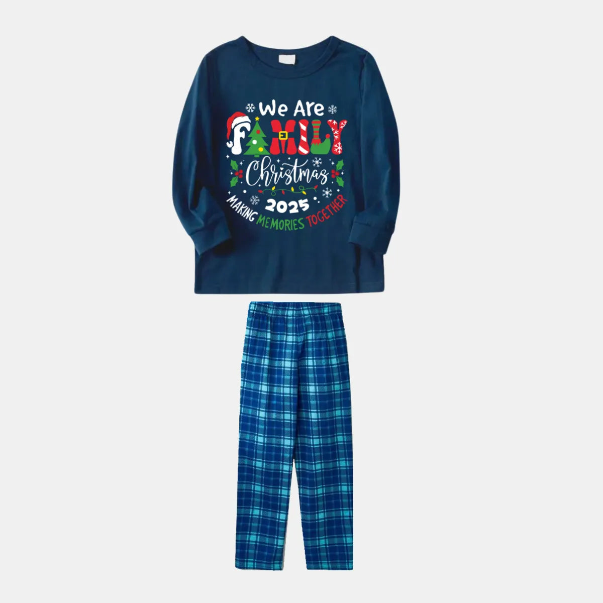 "We are Family 2025 Christmas Make Memories Together" Slogan Print Blue Long Sleeve Top With Blue Plaid Family Matching Pajamas