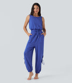 Sleeveless Cut Out Drawstring Yoga Jumpsuit with Pockets