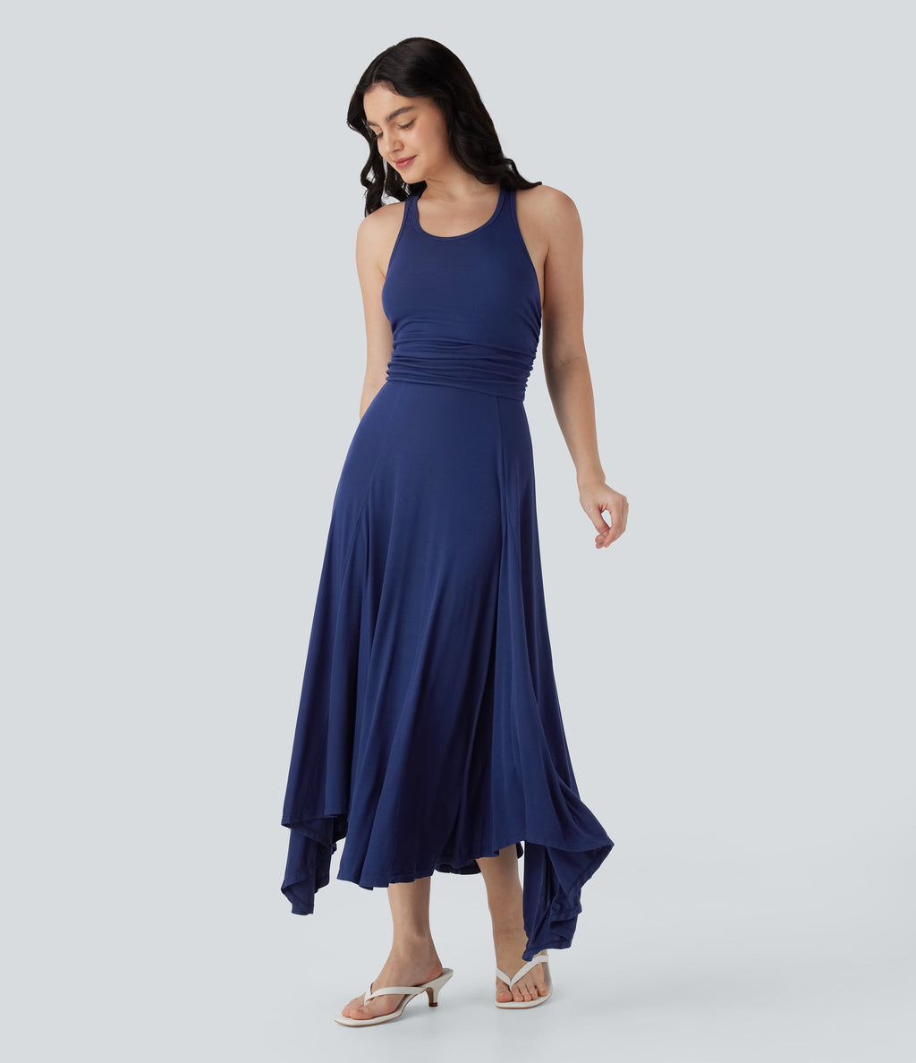 Ruched Asymmetric Hem Flowy Maxi Casual Dress