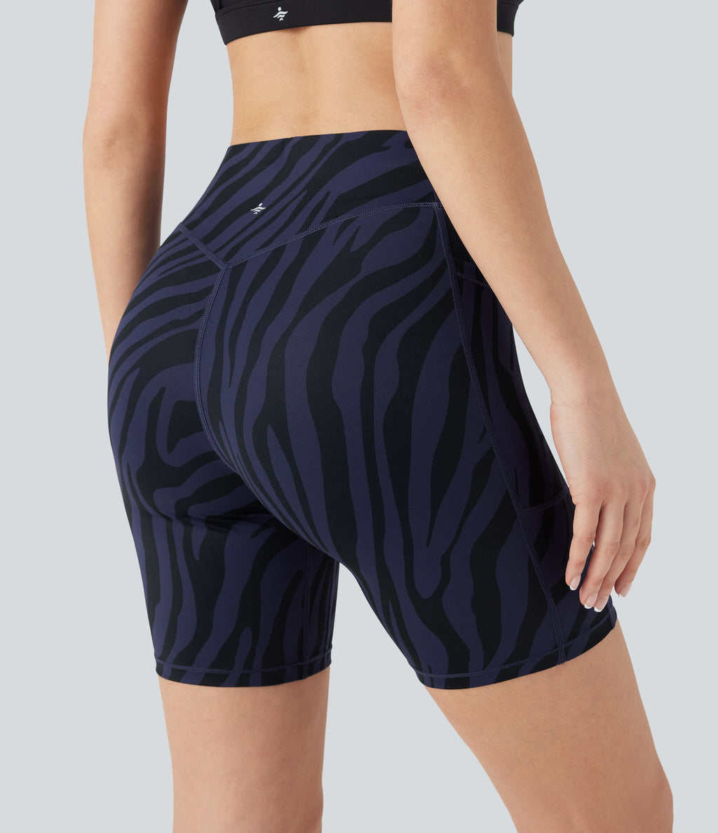 SoCinched High Waisted Tummy Control Zebra Print Training Biker Shorts 7'' with Pockets