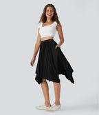 High Waisted Pleated Asymmetrical Hem Casual Skirt with Pockets