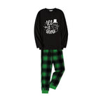 Christmas Family Matching Pajamas-Black Top and Green Plaid Pants Pjs Set with Snowman and Christmas Slogan Print