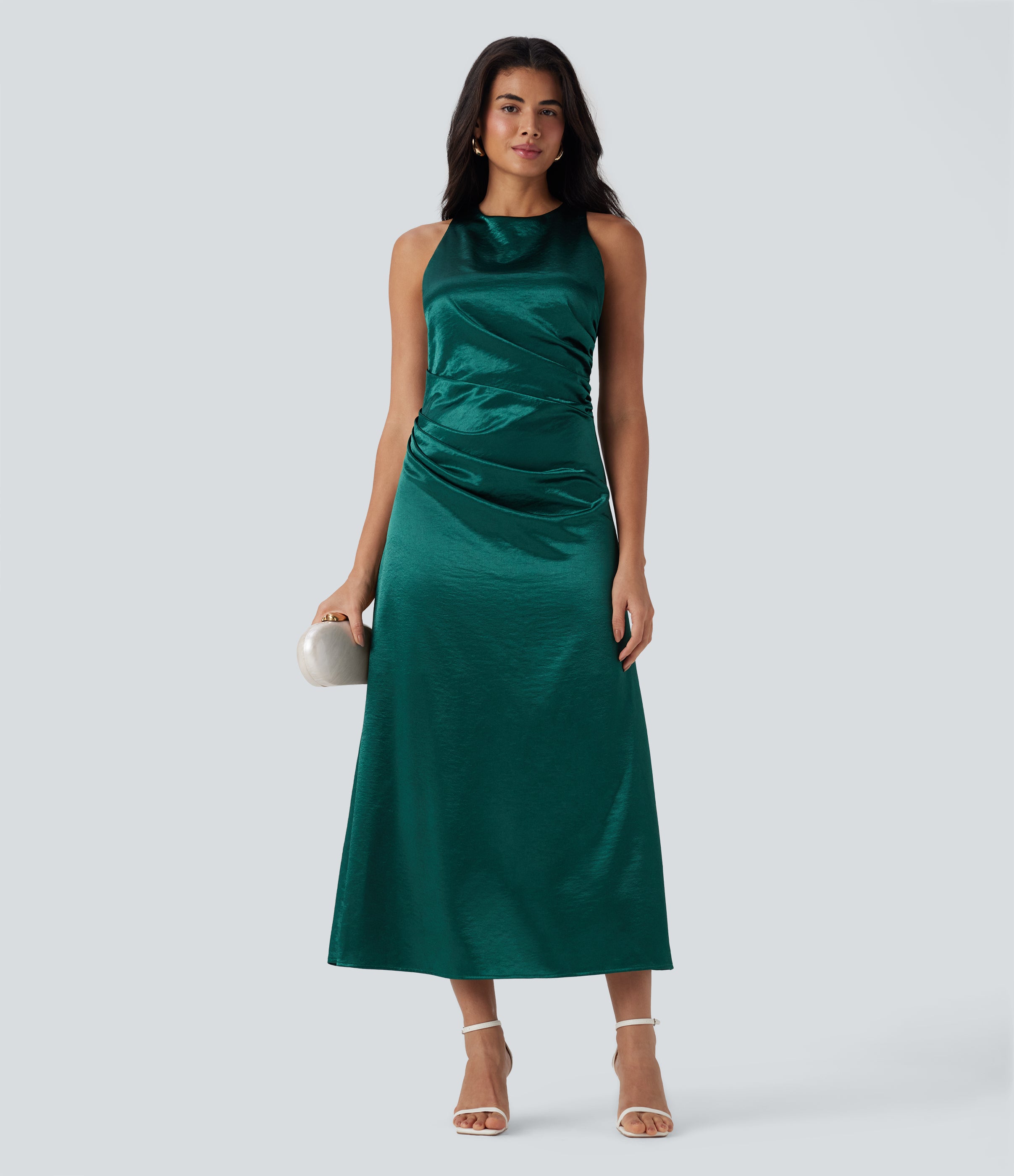 Tie Back Ruched Maxi Satin Dress