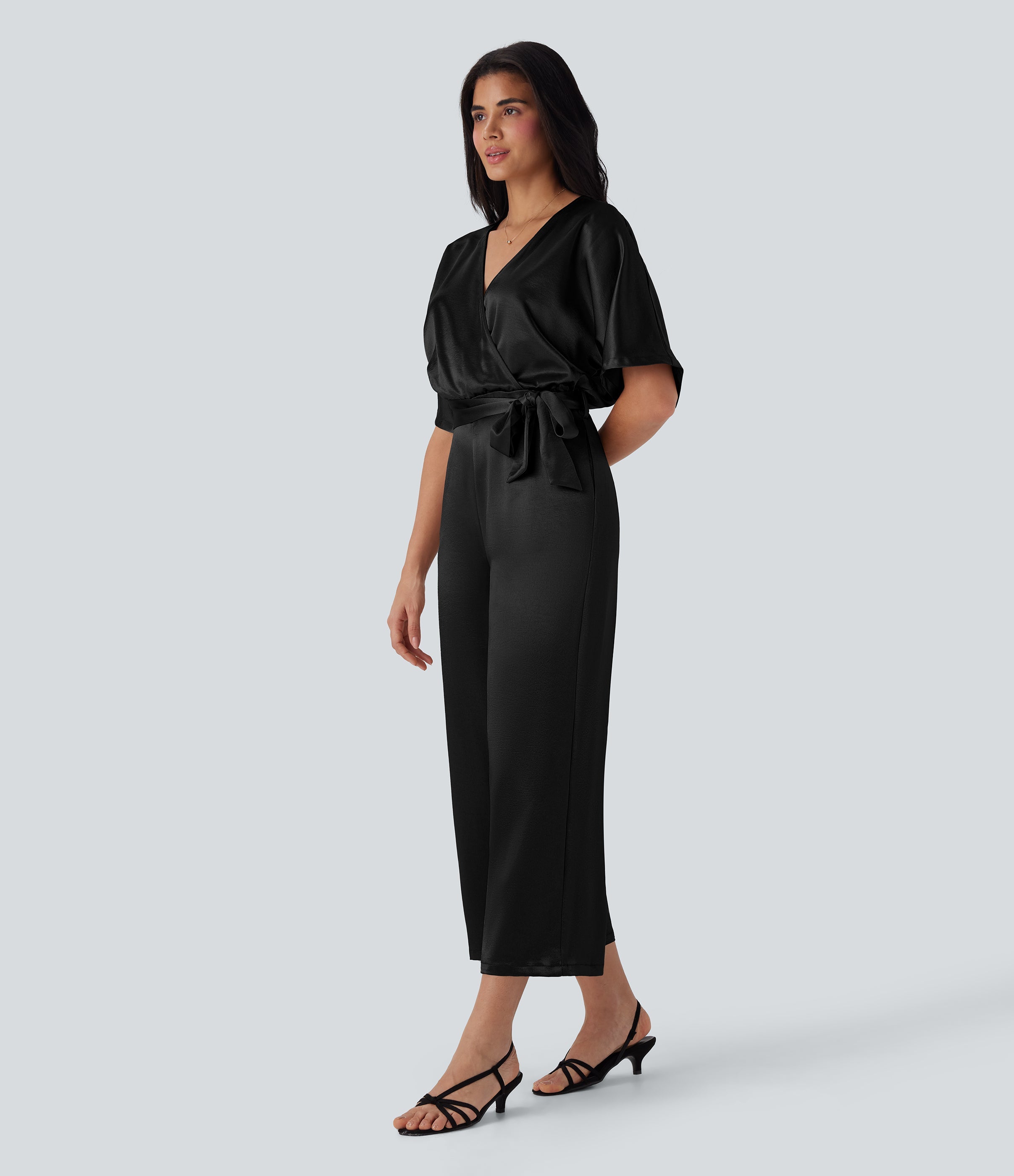 Crossover V Neck Belted Wide Leg Satin-like Work Jumpsuit with Pockets