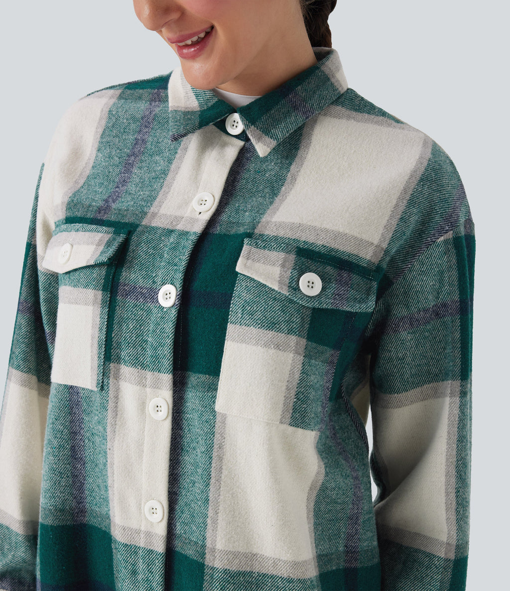 Plaid Curved Hem Longline Casual Jacket with Pockets