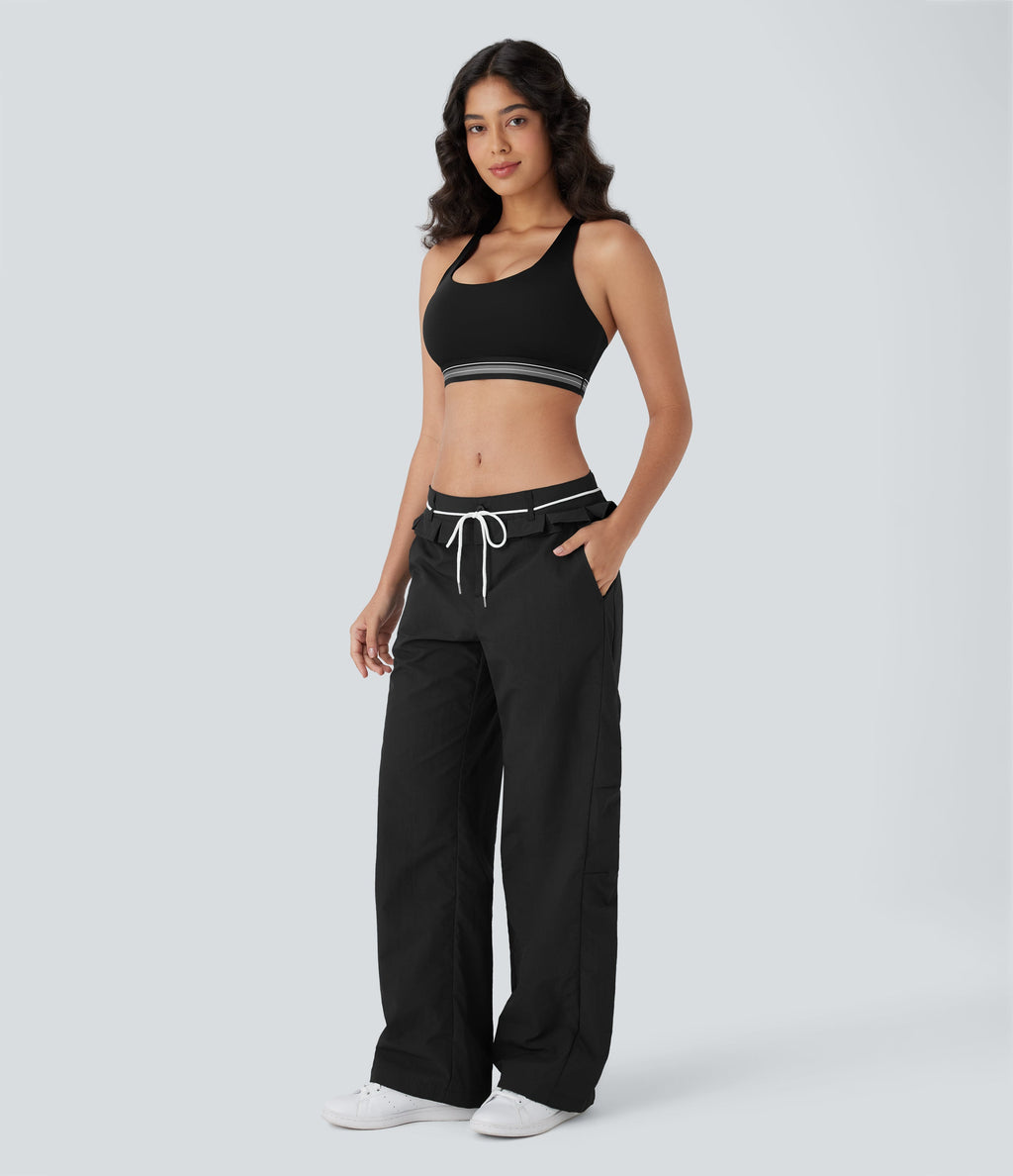 Low Rise Drawstring Ruffle Trim Dance Barrel Leg Pants with Pockets