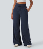 2026🔥 Ribbed SoCinched High Waisted Tummy Control Drawstring Wide Leg Color Block Casual Trousers with Pockets
