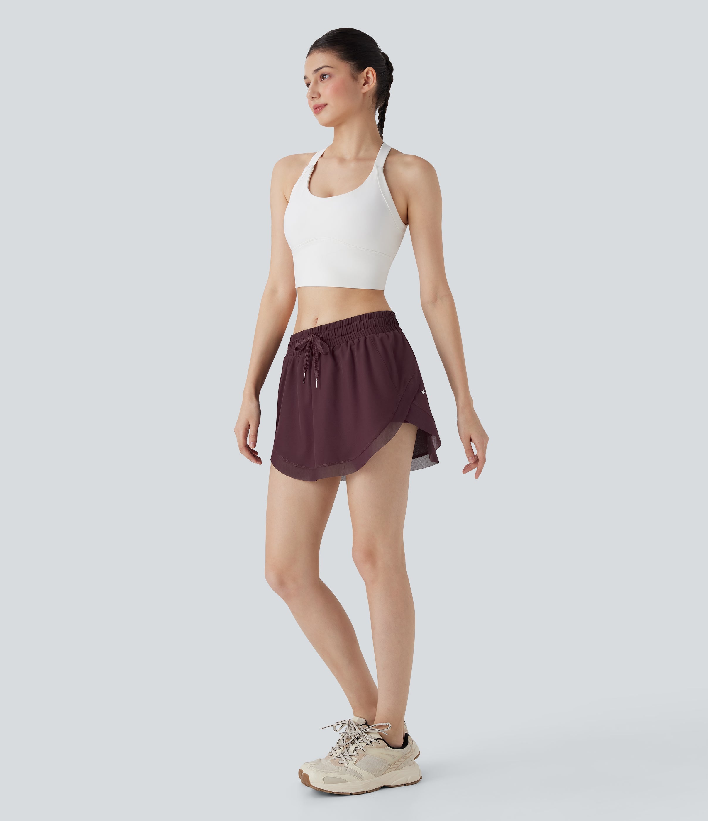 Mid Rise Drawstring 2-in-1 Contrast Mesh Mini Tennis Skirt with Pockets