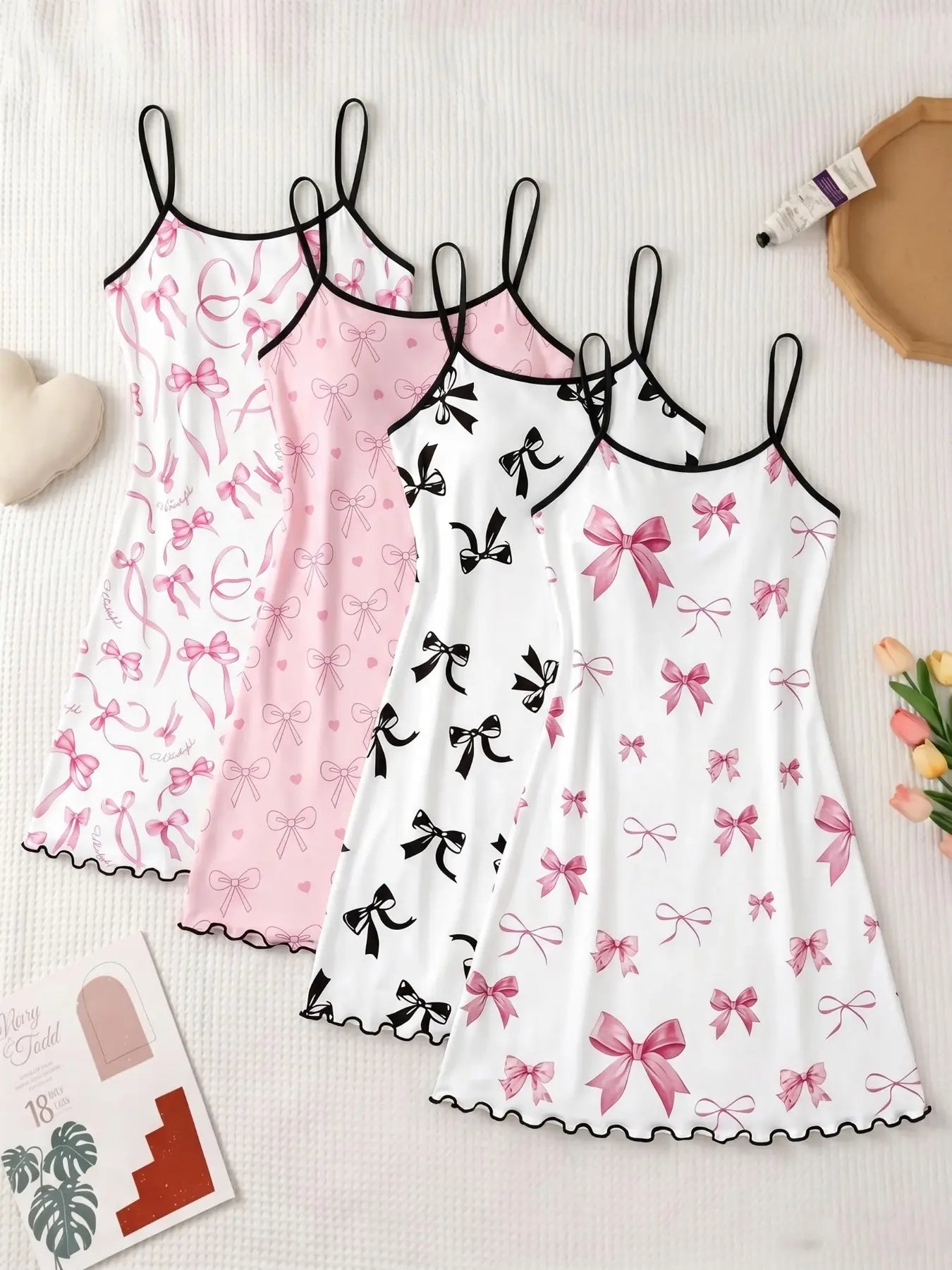 4-Pack Women's Strapless Nightdresses, Cartoon Bear All-Over Print Pajamas, Sweet Home Wear for Spring Summer, Essential Cozy Sleepwear Homewear