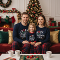 "2025 Christmas Crew" Text and Santa Hat Prints Blue Long Sleeves Top with Red and Blue Plaid Pants Christmas Matching Pajamas