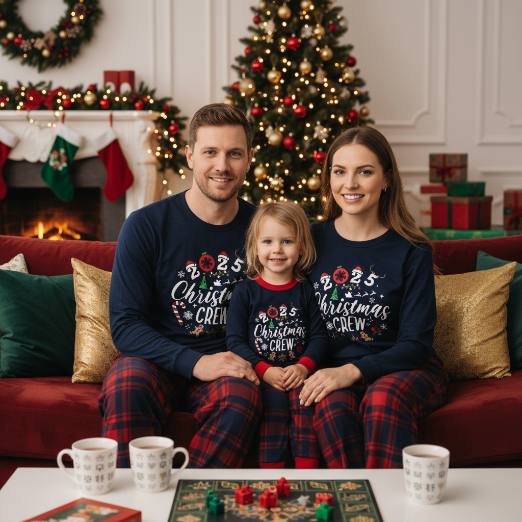 "2025 Christmas Crew" Text and Santa Hat Prints Blue Long Sleeves Top with Red and Blue Plaid Pants Christmas Matching Pajamas