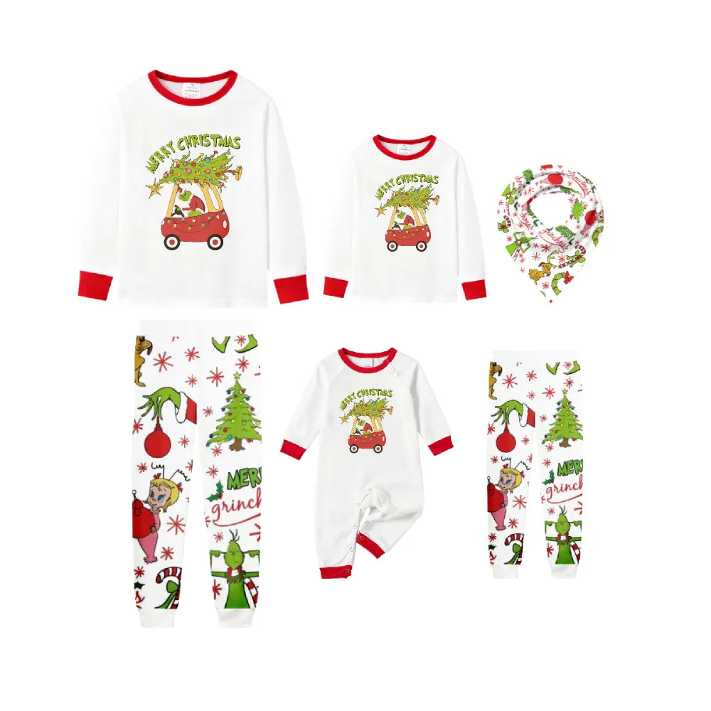 Family Christmas White Pajamas Set With Funny Pattern Design