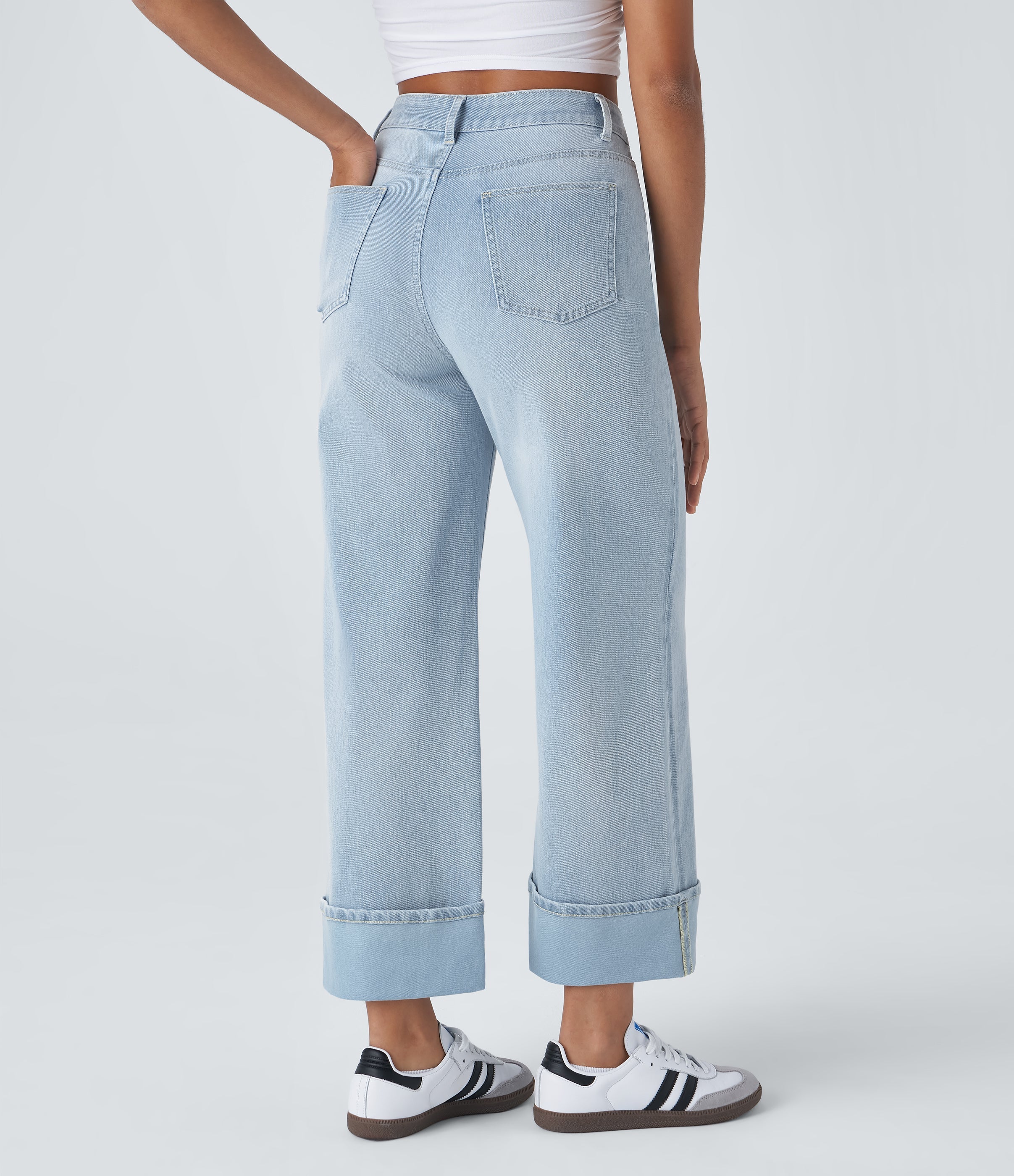 FlexTM High Waisted Multiple Pockets Rolled Hem Wide Leg Washed Stretchy Knit Casual Jeans