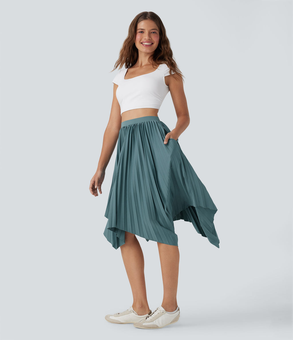 High Waisted Pleated Asymmetrical Hem Casual Skirt with Pockets