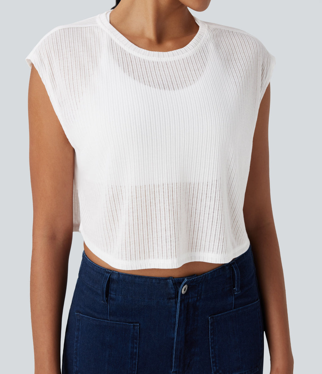 Round Neck Cap Sleeve Cut Out Casual Top