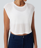 Round Neck Cap Sleeve Cut Out Casual Top