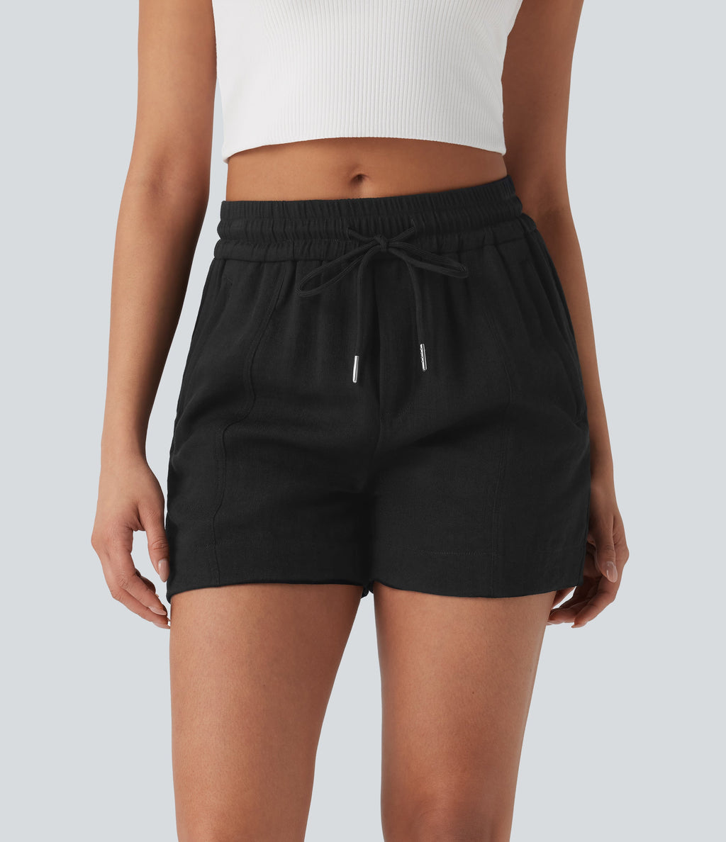 Mid Rise Drawstring Linen-Feel  Work Shorts with Side Zip Pockets