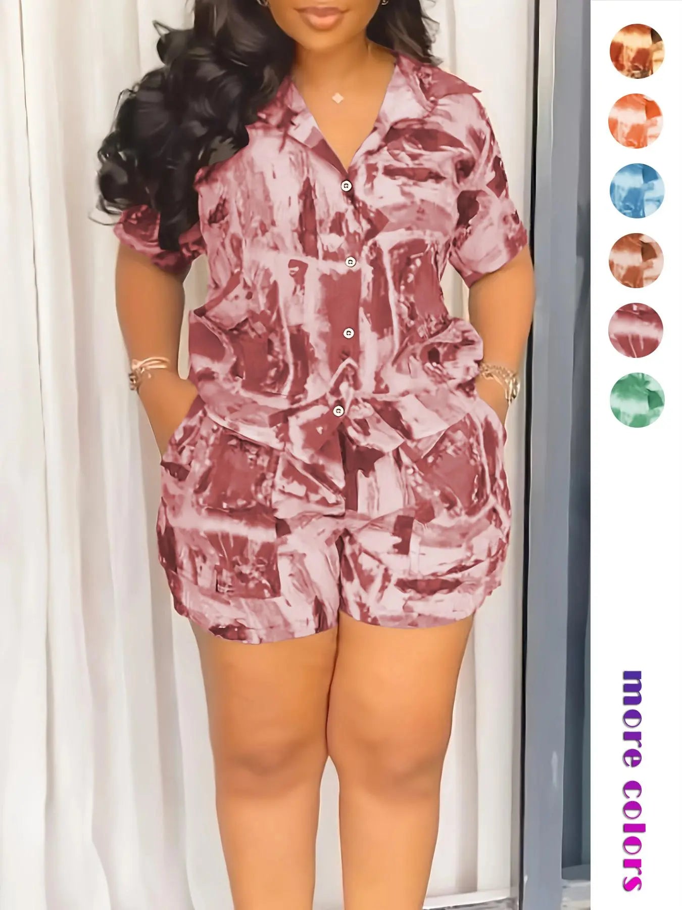 Two-piece Set Women's All Over Print Short Sleeve Shirt & Shorts