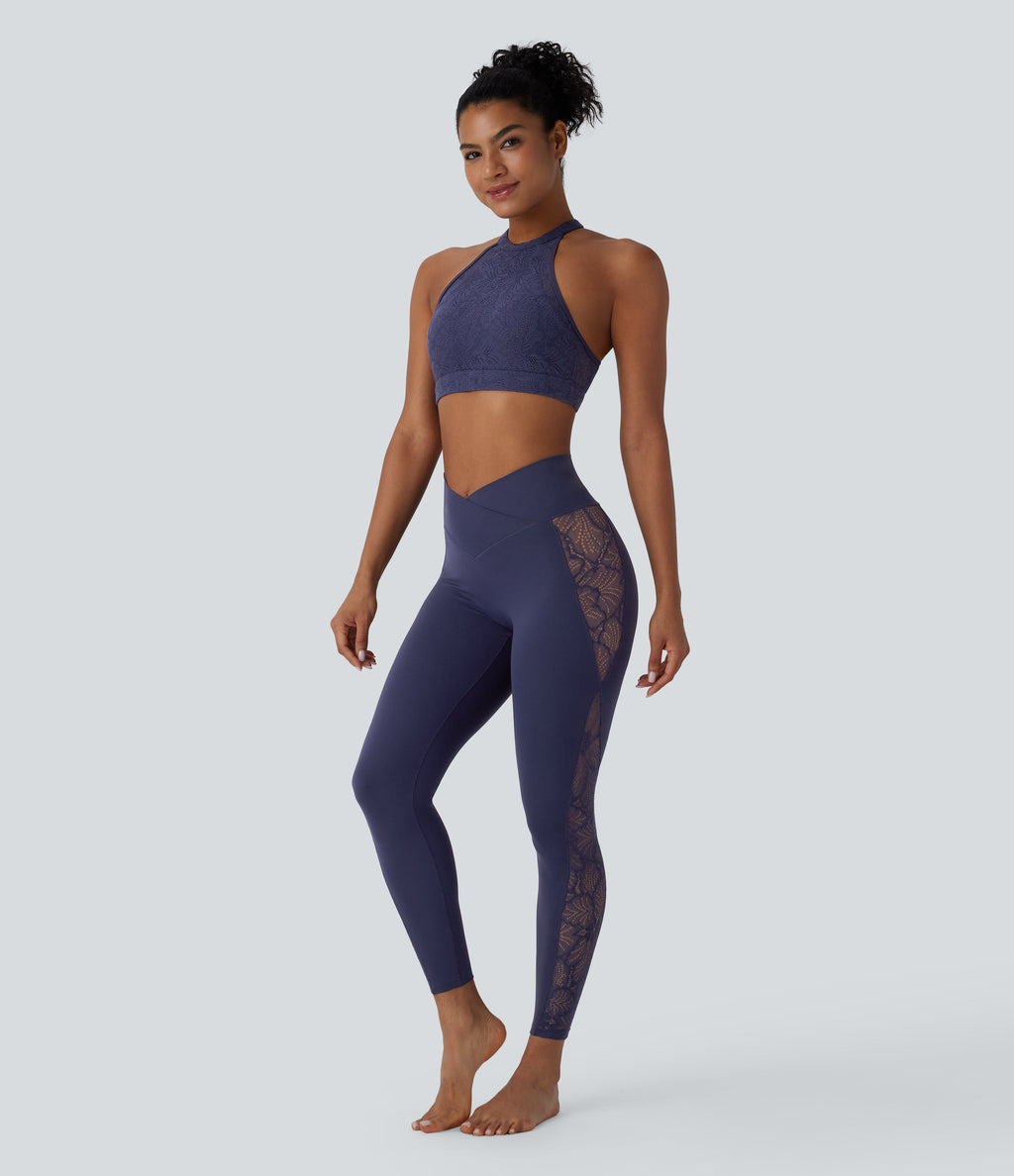 SoftlyZeroTM High Waisted Crossover Contrast Lace Built-in Underwear Yoga Leggings with Pocket-UPF50+
