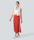 SoftlyZeroTM QuickDry SoCinched High Waisted Tummy Control 2-in-1 Color Block Midi Workout Skirt with Pockets