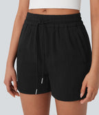Mid Rise Drawstring Linen-Feel  Work Shorts with Side Zip Pockets