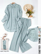 Women's Casual Two-Piece Set, Hollow-Out Top and Loose-Fit Pants