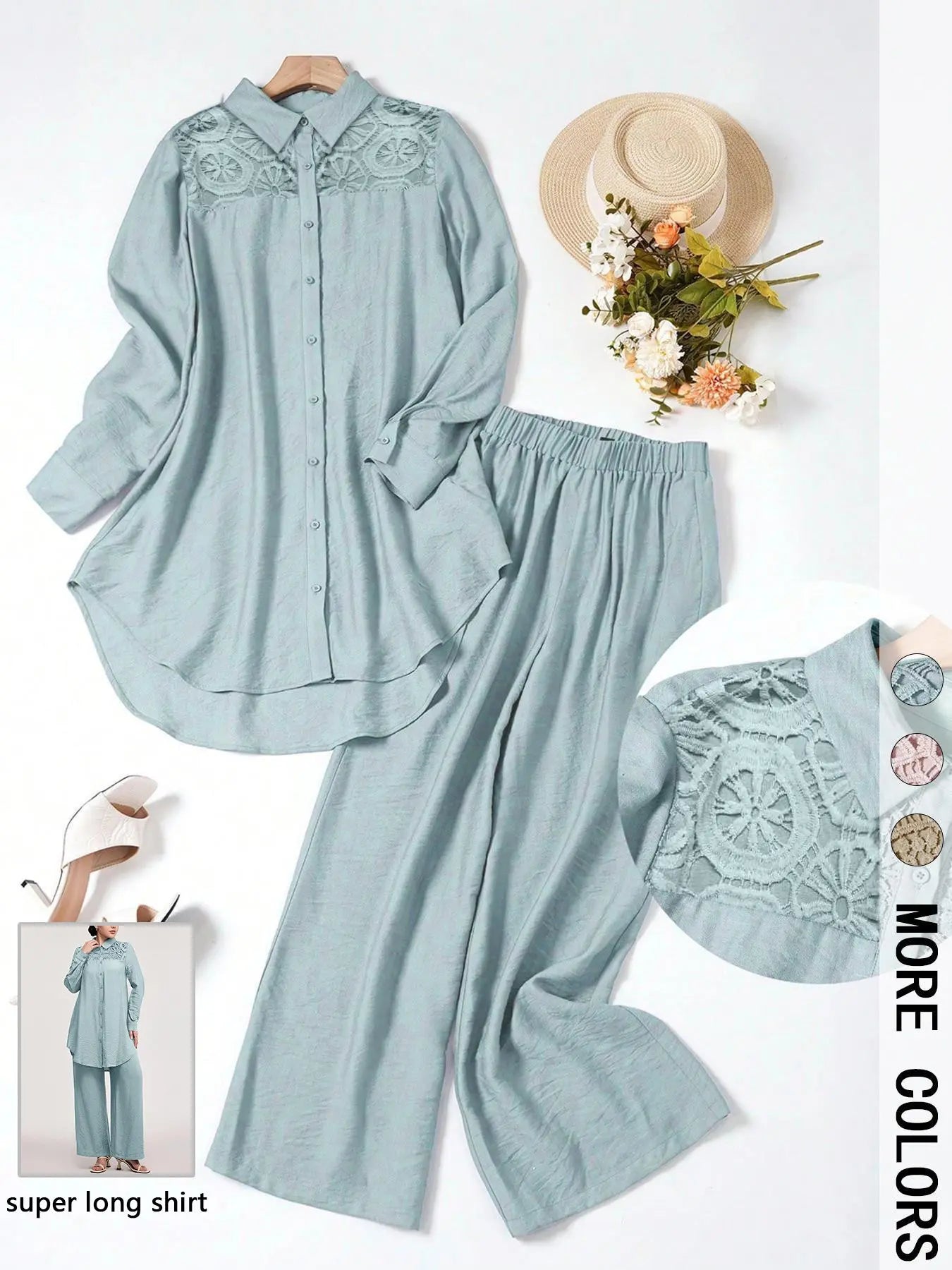 Women's Casual Two-Piece Set, Hollow-Out Top and Loose-Fit Pants