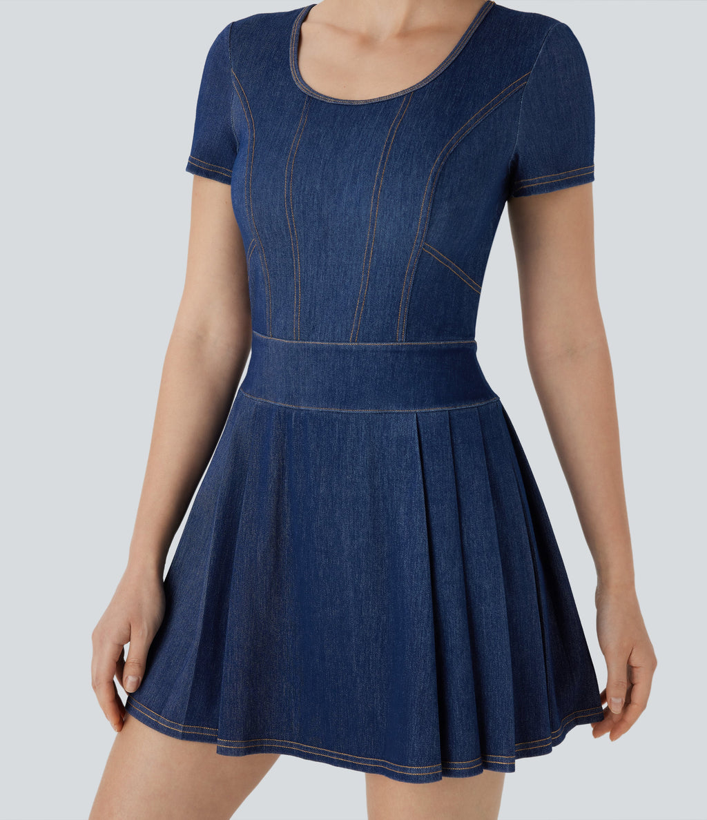FlexTM Pleated Hem 2-in-1 Cool Touch Washed Denim Tennis Active Dress with Pockets