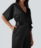Crossover V Neck Belted Wide Leg Satin-like Work Jumpsuit with Pockets