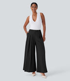 High Waisted Linen-Feel Work Wide Leg Pants with Pockets